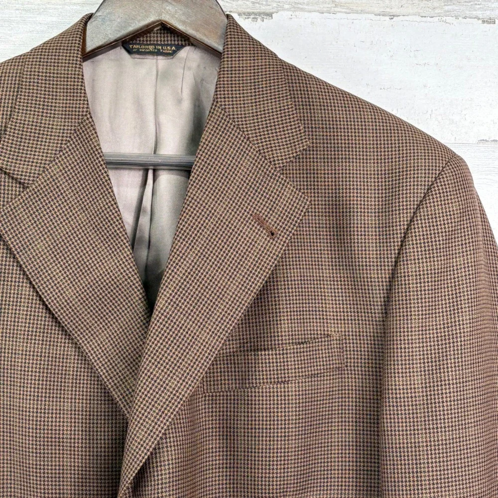 Austin Reed Blazer 40L Brown Pure Wool Houndstooth 3-Button Old Money Sport Coat